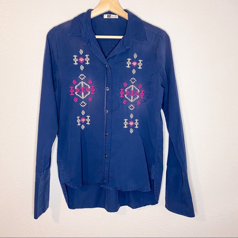 Kut From The Kloth Button Up Embroidered Southwest Aztec Pattern Long Sleeve